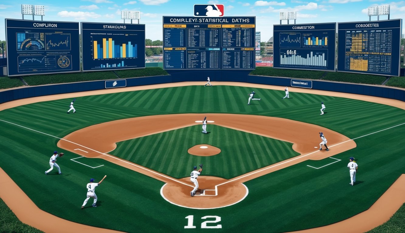 A baseball field with players in motion, surrounded by screens displaying complex statistical data and graphs