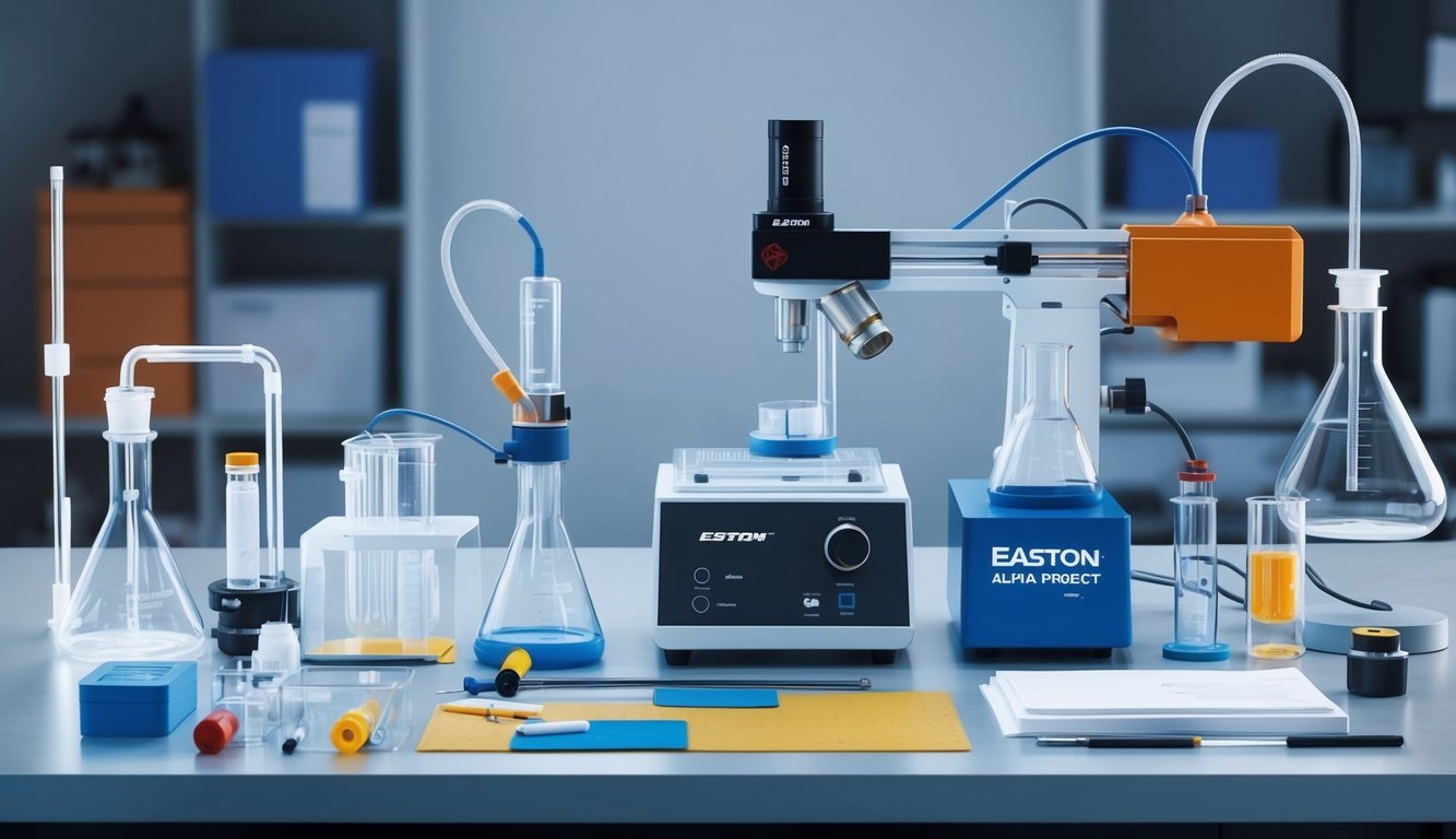 A laboratory table with scientific equipment and materials for analyzing the design and material of the Easton Alpha Project 3