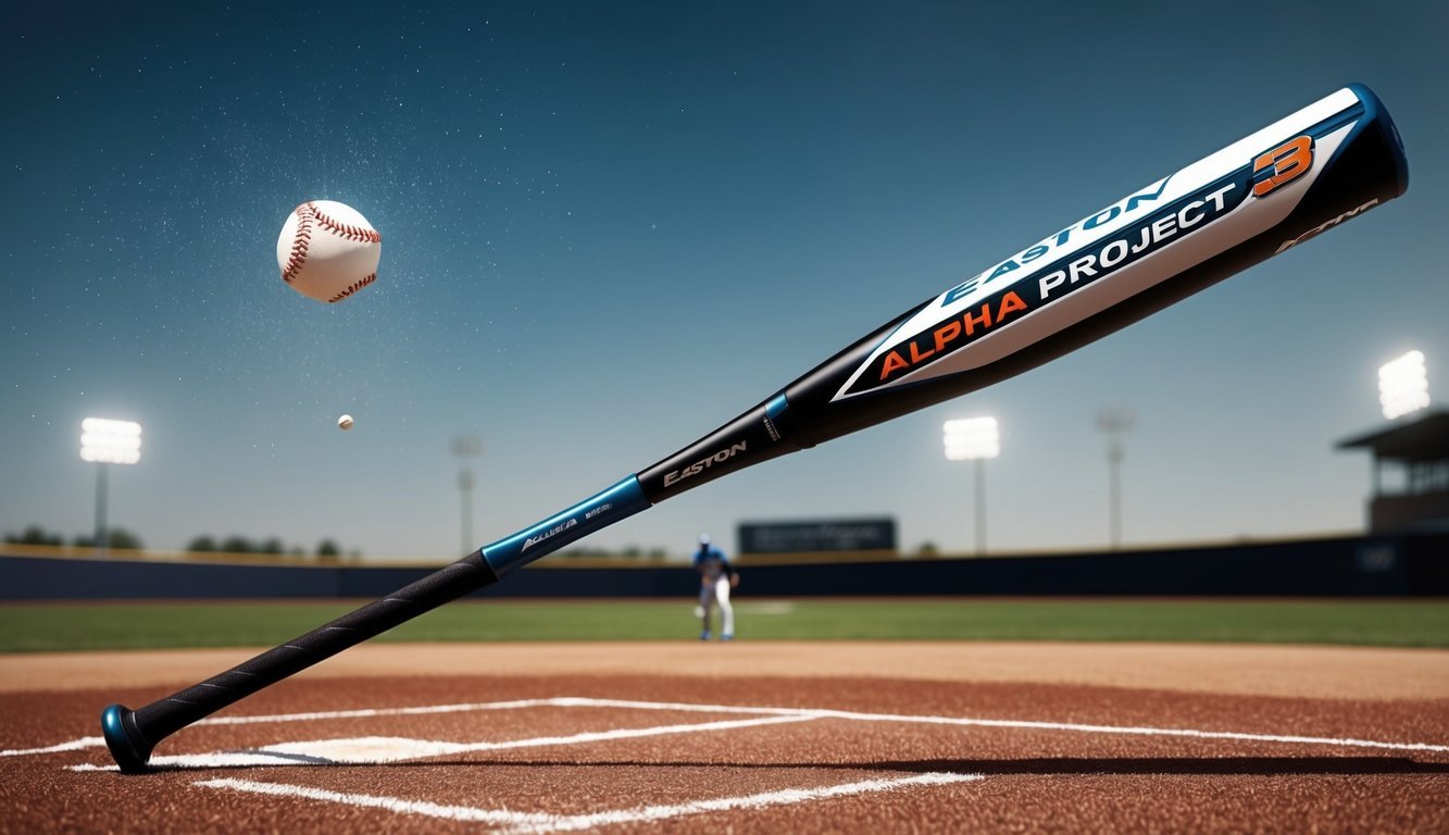 A baseball bat, the Easton Alpha Project 3, is mid-swing, with a ball flying through the air towards the outfield