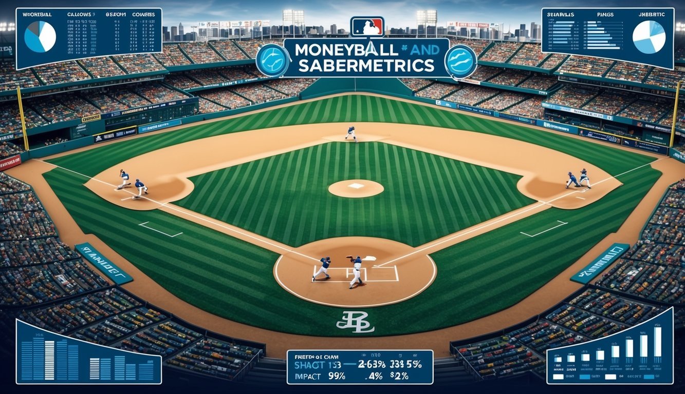 A baseball field with players in motion, surrounded by charts and statistical data, symbolizing the impact of moneyball and sabermetrics on the game