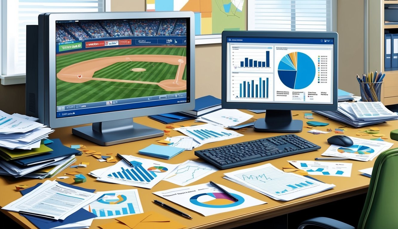 A cluttered office desk with scattered papers, charts, and a computer displaying statistical data.</p><p>A baseball game plays on the TV in the background