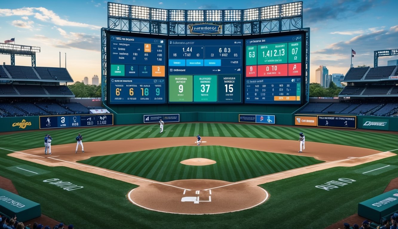 A baseball field with advanced technology and statistical data displayed on large screens, while players and coaches analyze data and make strategic decisions