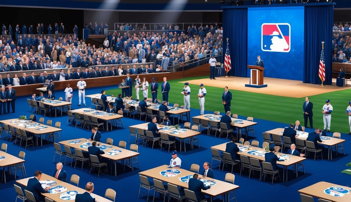 MLB event with a speaker, tables, and a large audience