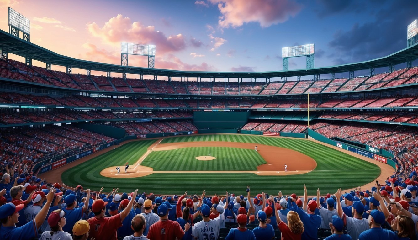 Baseball stadium filled with fans watching a game under a colorful sky