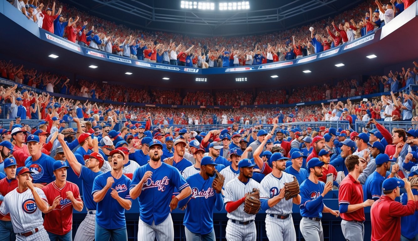 A crowded stadium filled with cheering fans as baseball players anxiously await their names to be called during the annual MLB draft