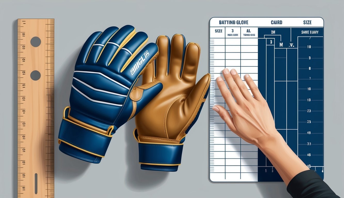 A pair of batting gloves laid out next to a ruler and size chart, with a hand reaching out to try them on