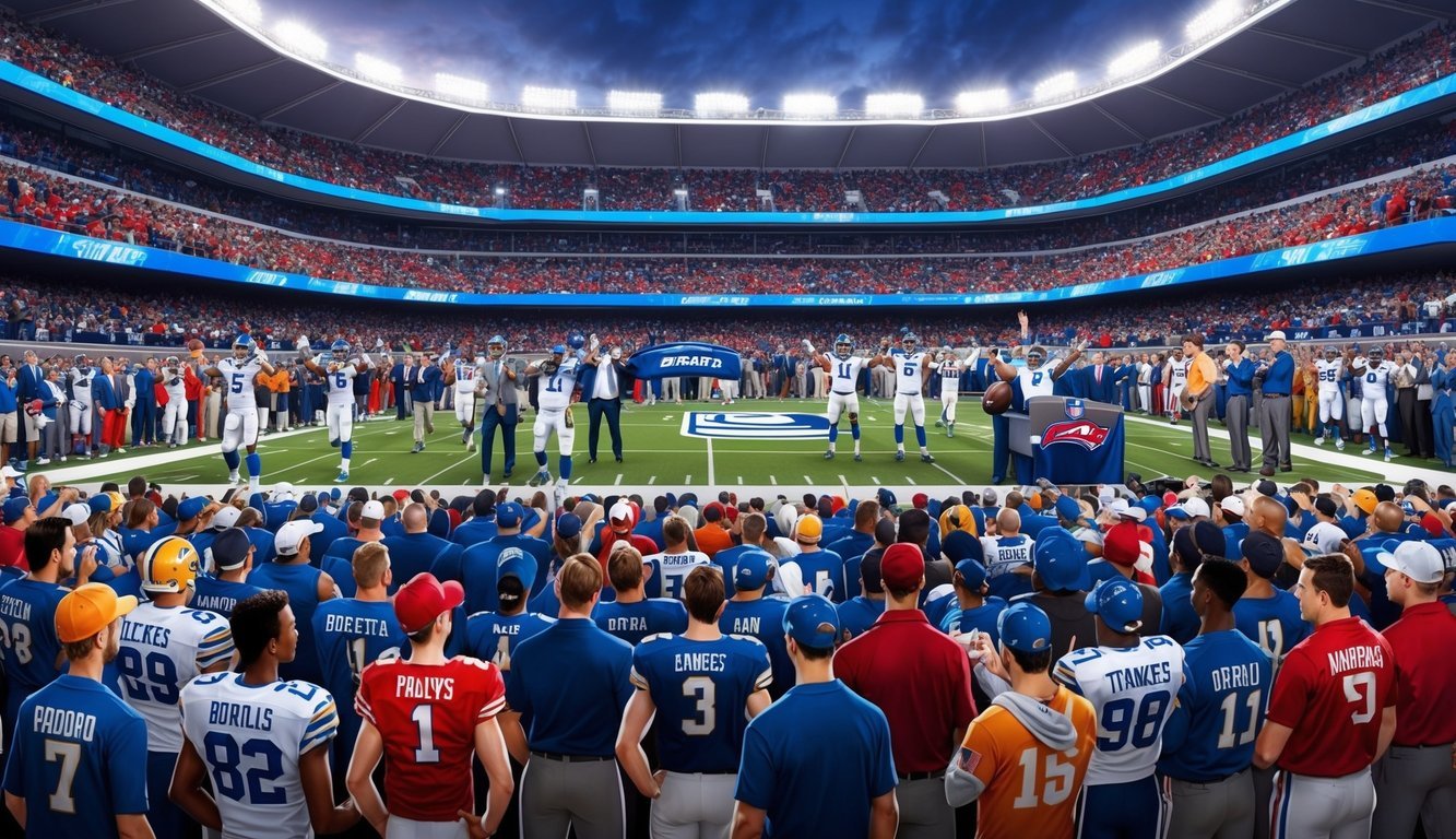 A crowded stadium with players and team representatives eagerly awaiting the announcement of draft picks