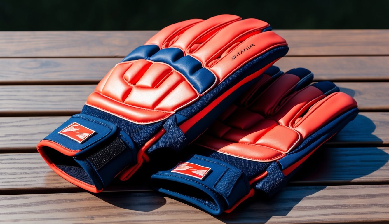 A pair of batting gloves laying on a wooden bench, with reinforced padding and adjustable wrist straps