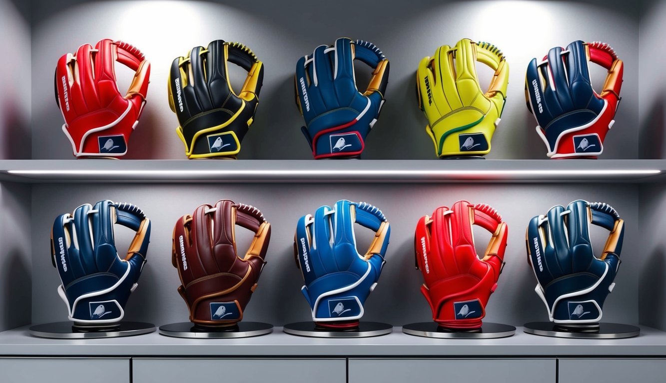 A display of colorful batting gloves arranged by category on a sleek, modern shelf