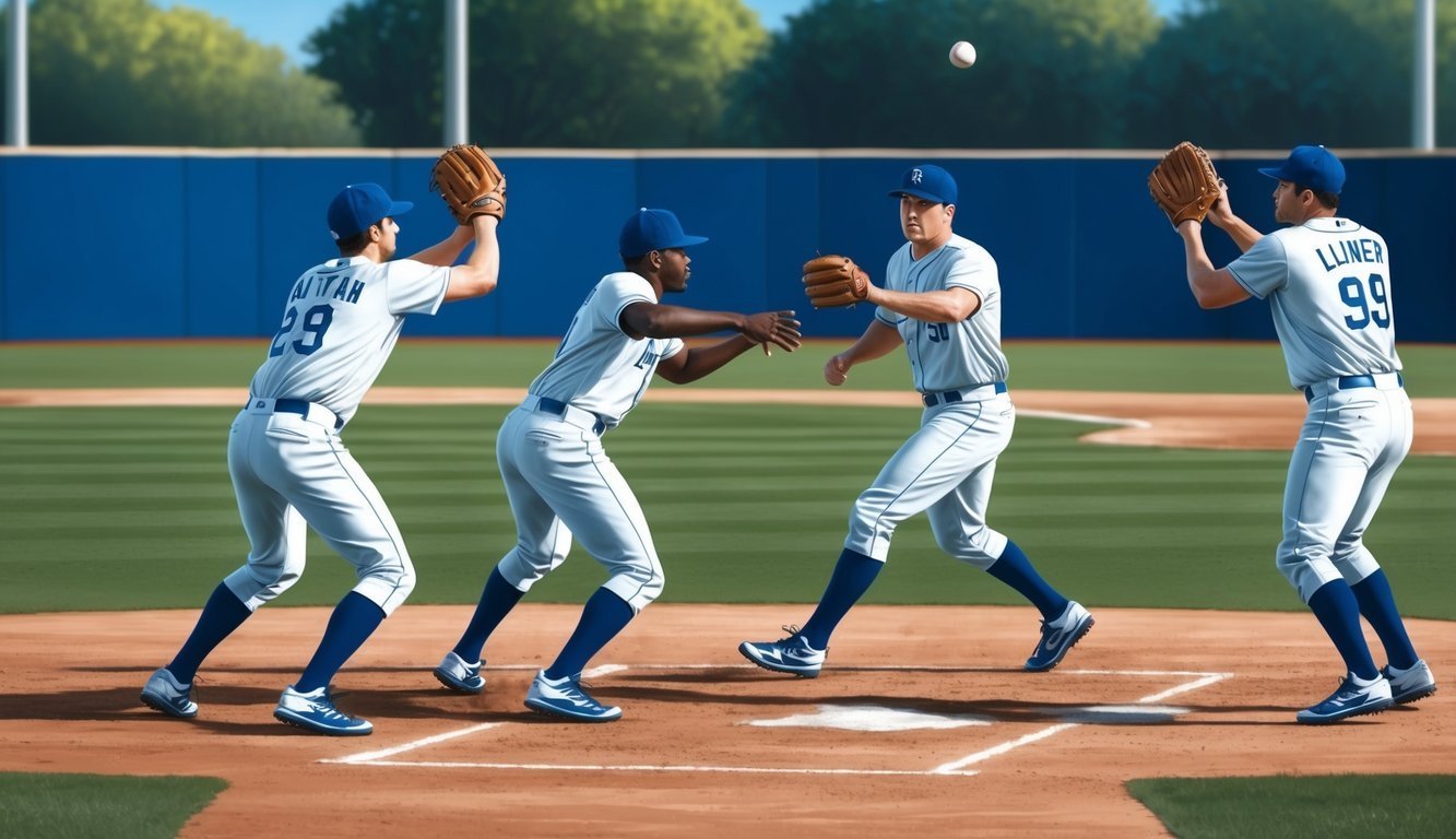 Four baseball players in uniform on a field, one throwing a ball