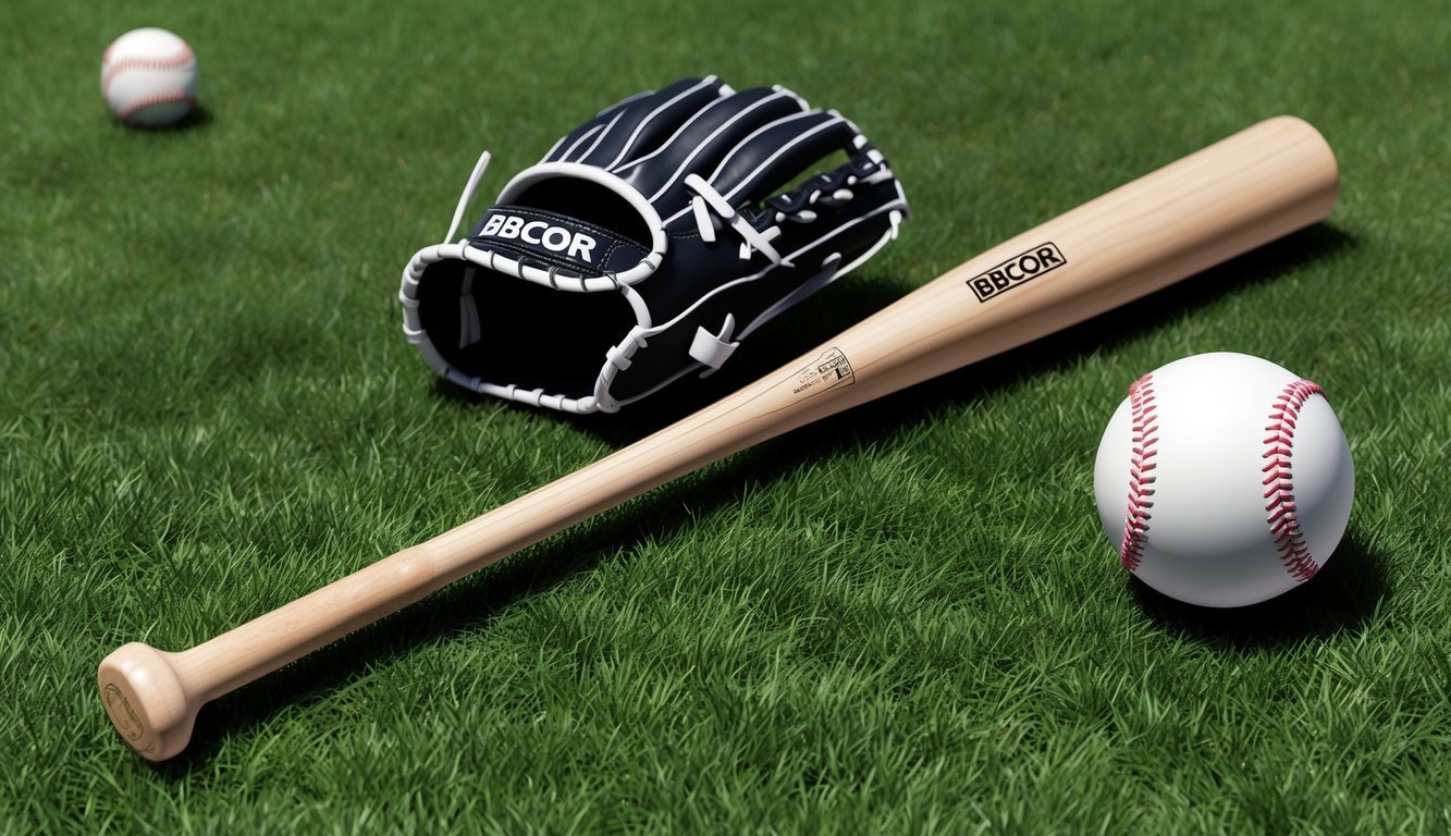 Baseball bat, glove, and two baseballs on green grass