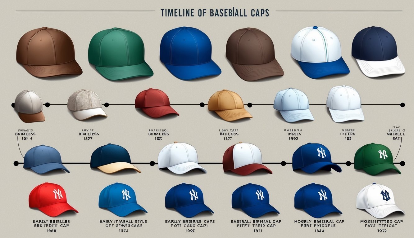 A timeline of baseball caps from early brimless styles to modern fitted caps, showcasing the evolution of materials and designs