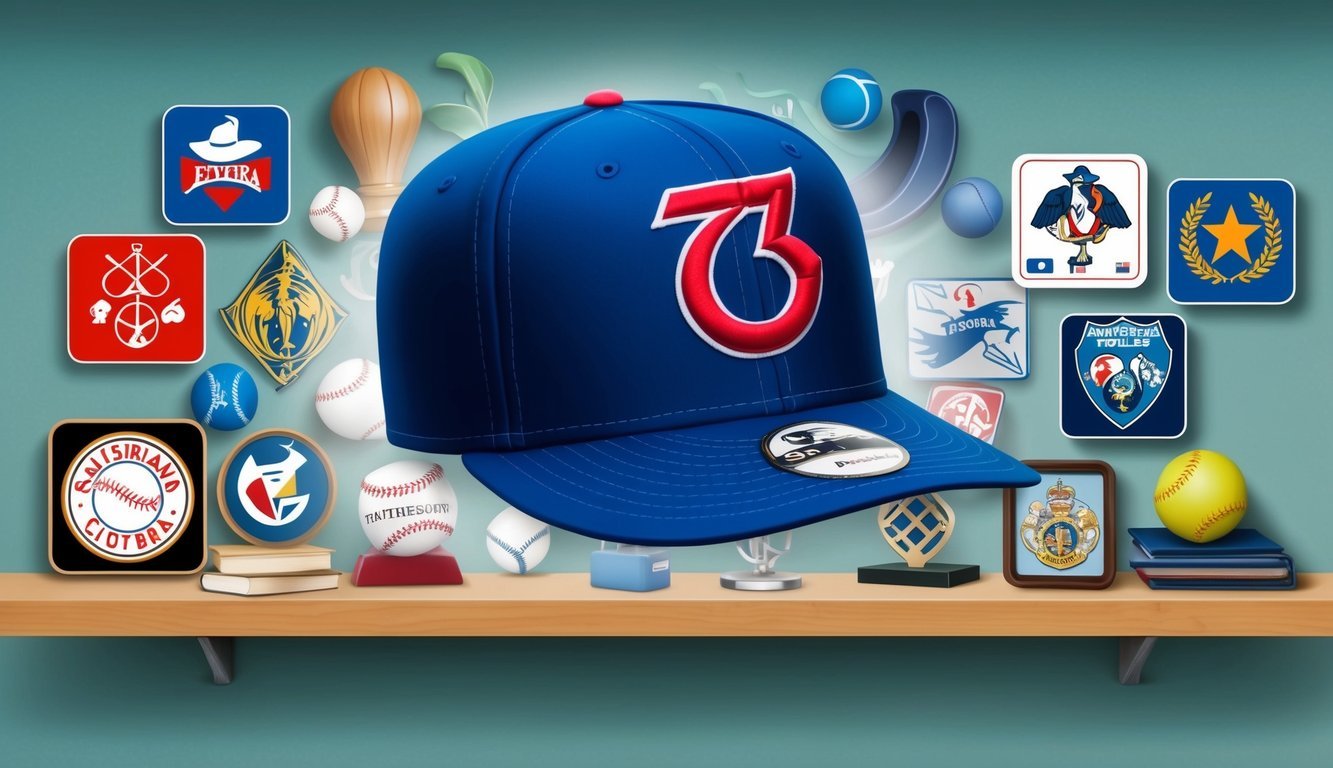 A baseball hat on a shelf, surrounded by various cultural symbols and icons, representing its impact beyond the sport