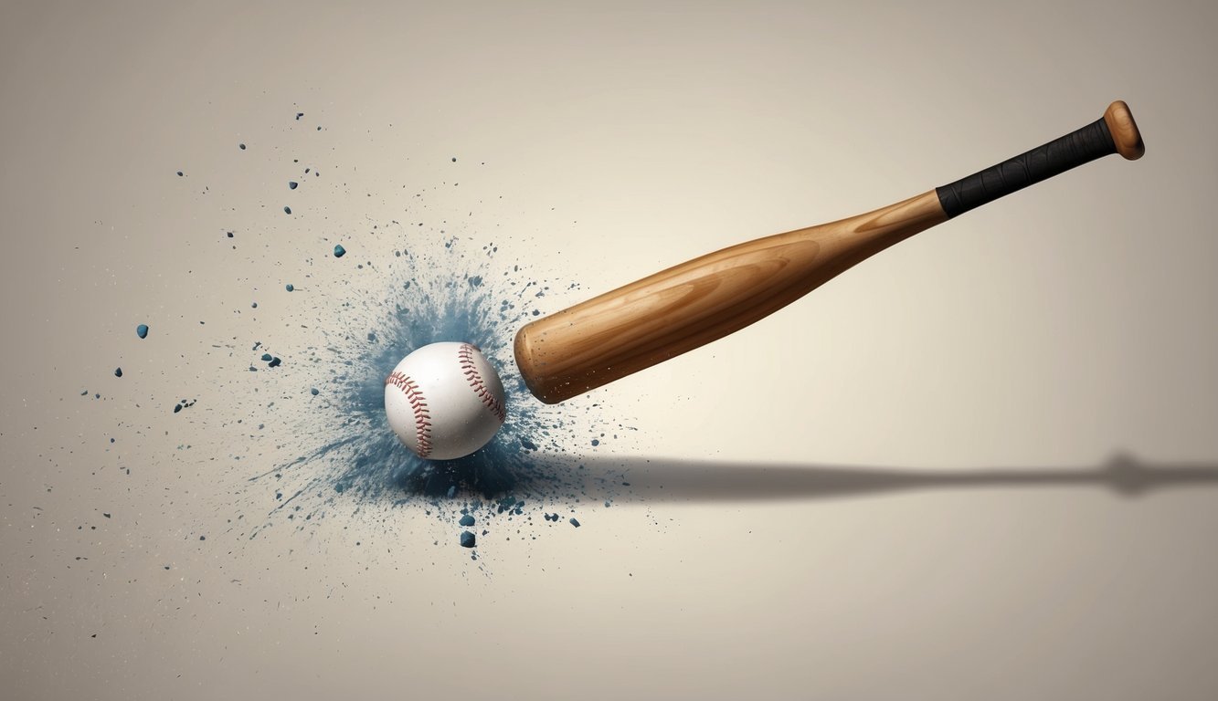 A baseball bat striking a ball with a clear, powerful impact, sending the ball soaring through the air