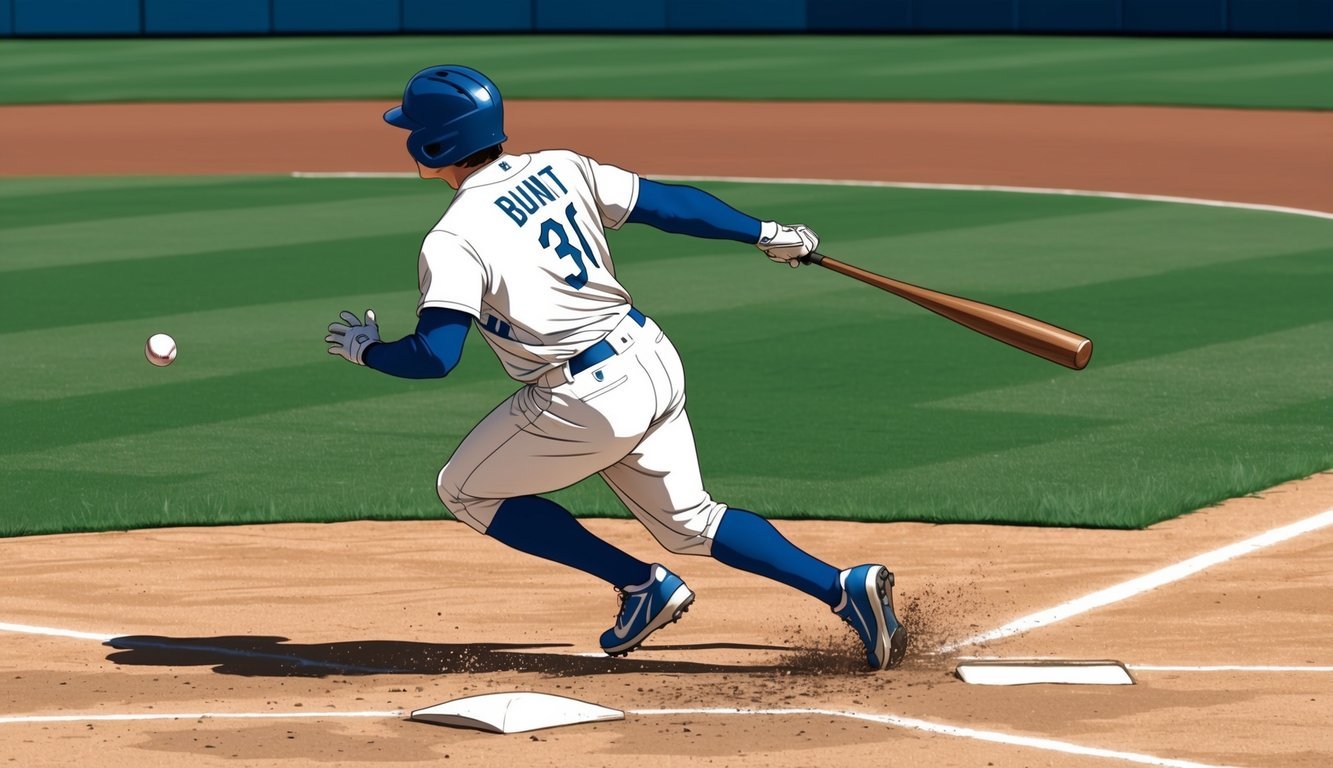 A baseball player successfully executes a bunt, with the ball rolling along the ground and the player sprinting to first base