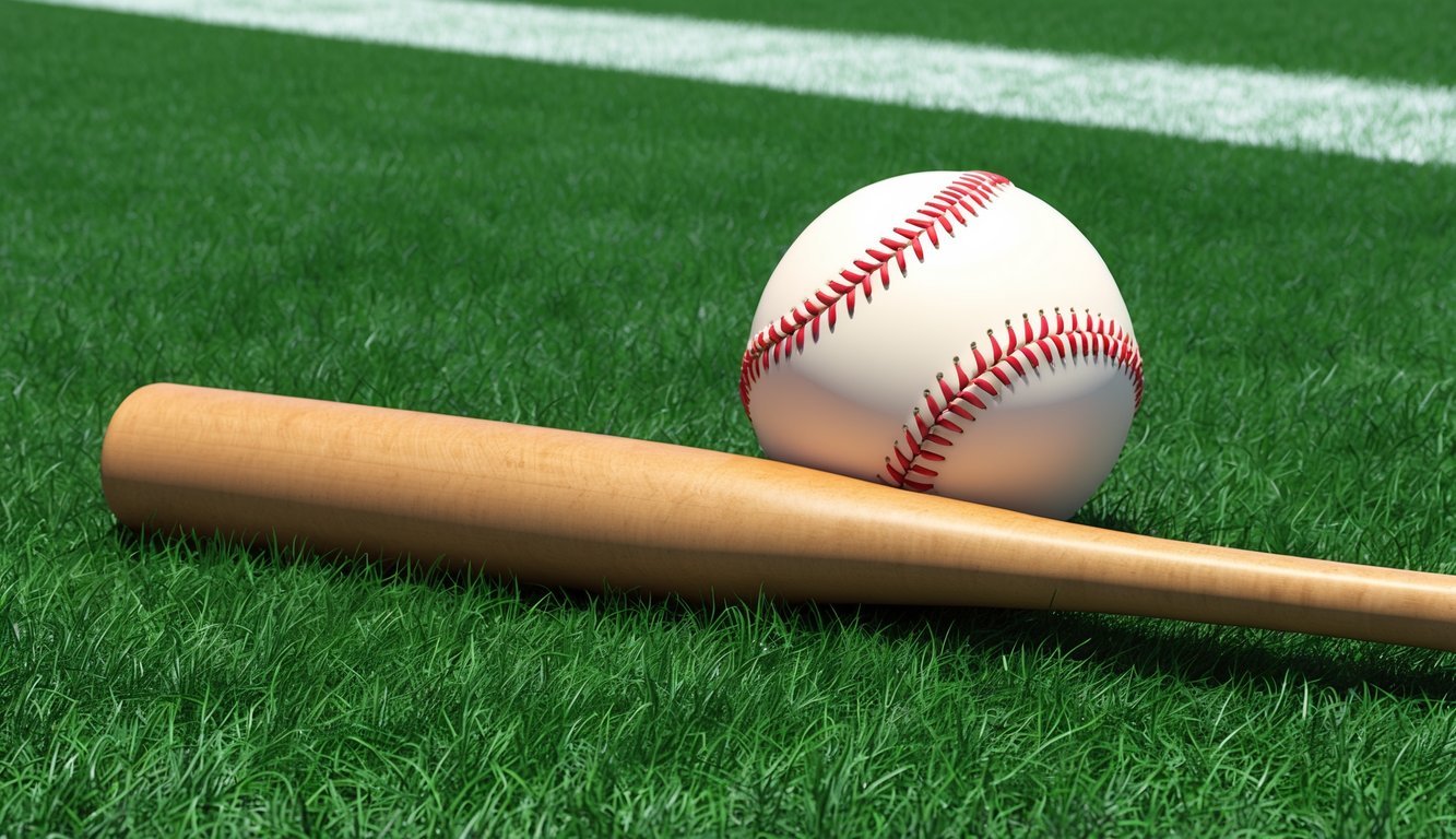 A baseball bat and softball lie side by side on a grassy field