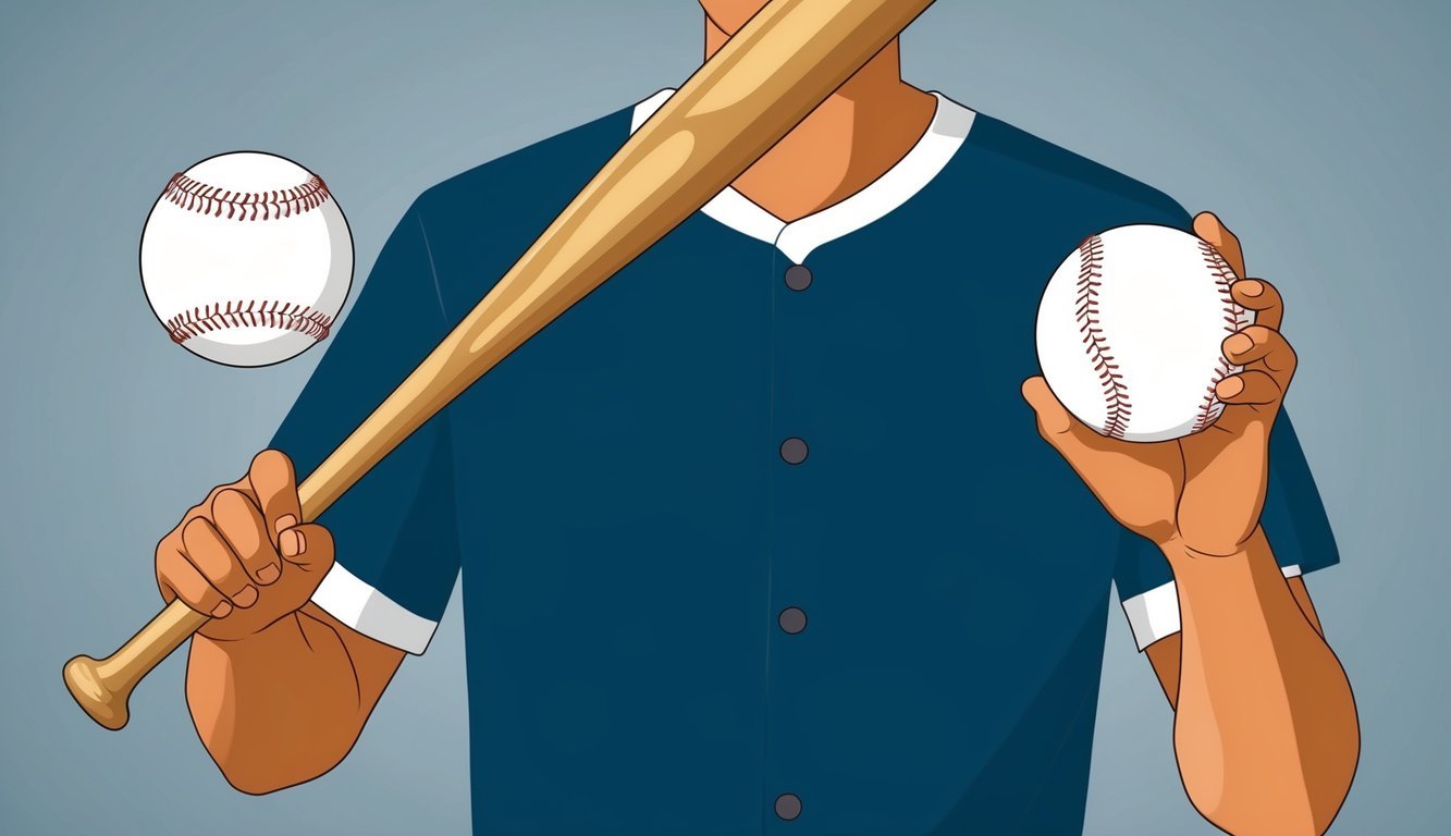 A person holding a baseball bat and a softball, comparing their sizes and weights