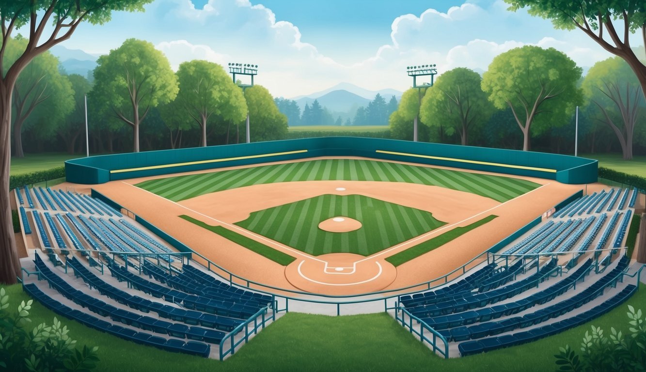 A baseball field with empty bleachers, surrounded by trees and a serene atmosphere, symbolizing the impact of social issues on player welfare and mental health