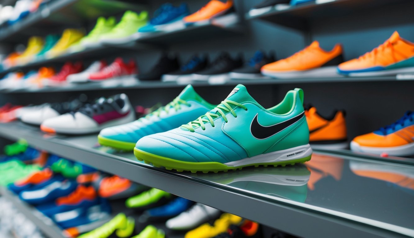 A pair of turf shoes sitting on a clean, well-organized shelf in a sports equipment store