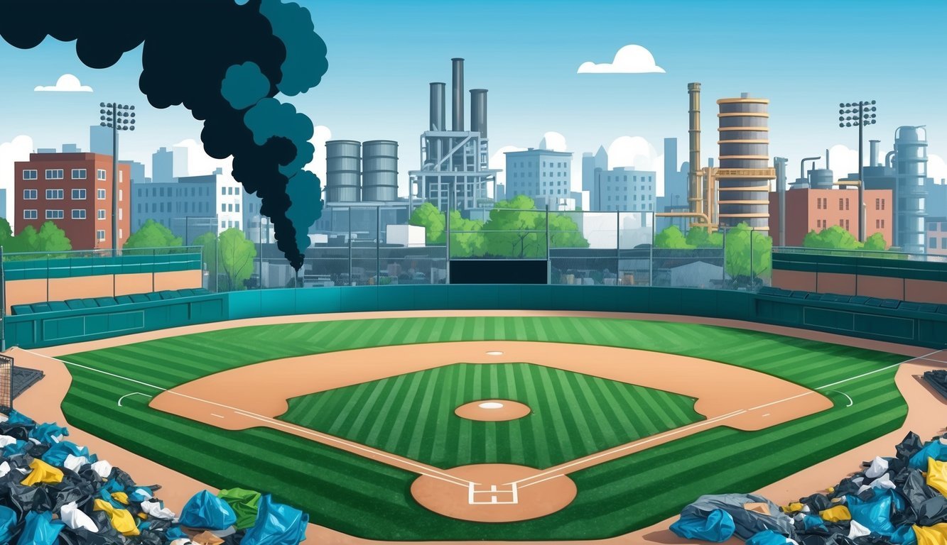 A baseball field surrounded by polluted air, with trash and industrial buildings in the background, illustrating the impact of social issues on the sport