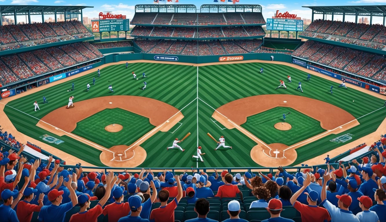 A crowded baseball stadium with two games being played simultaneously on the field, with cheering fans and players in action