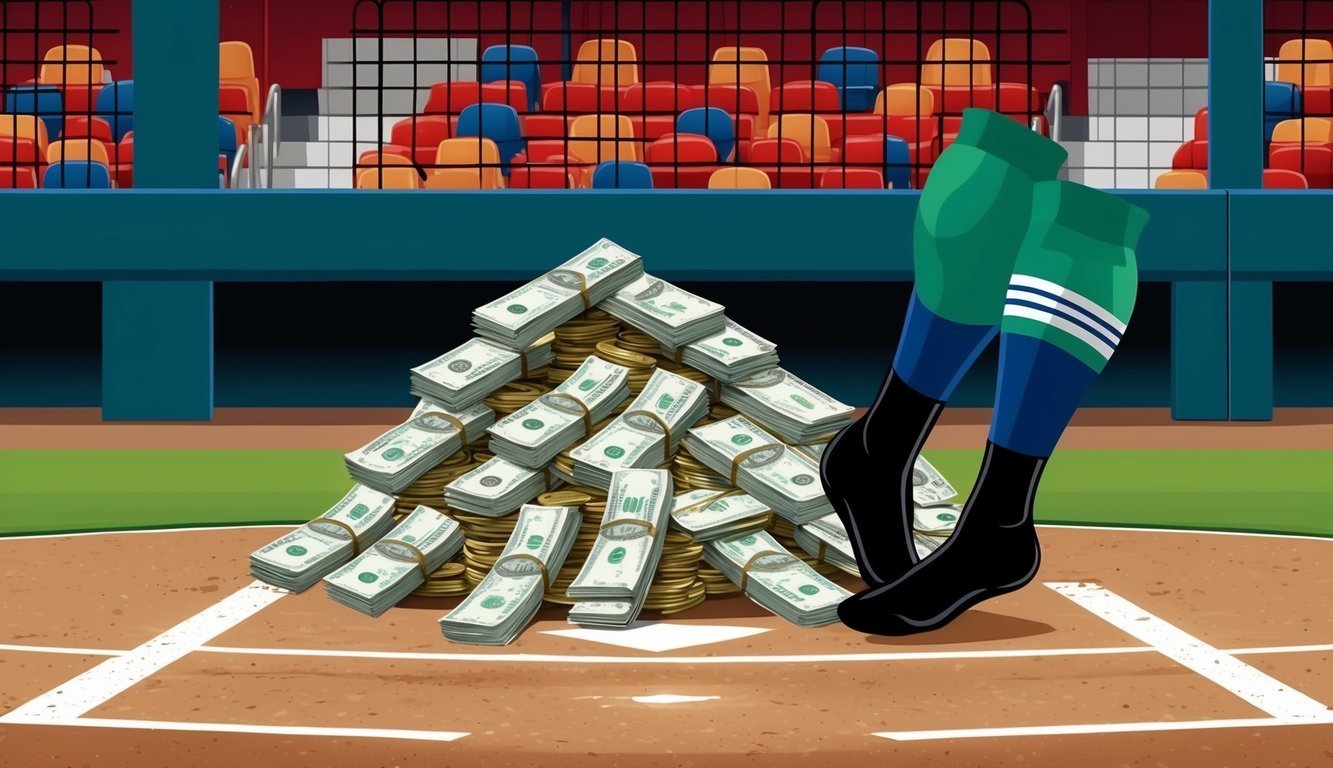 Baseball field with a pile of money and legs in socks