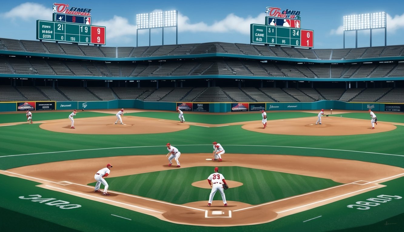 Two baseball games played in succession, empty stadium, players on field, fatigue evident, scoreboard shows scores