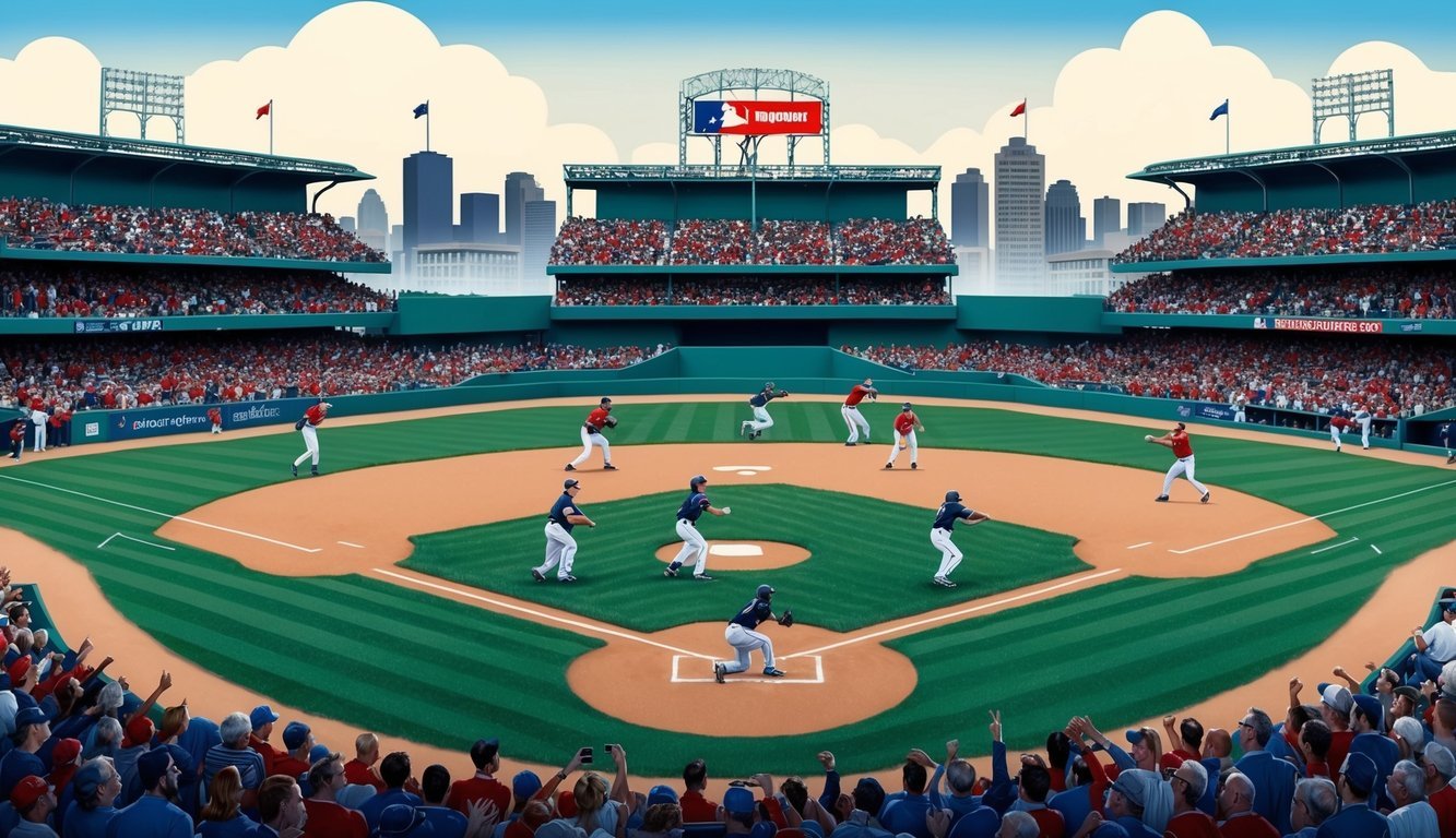 A baseball field with players being banished, surrounded by a crowd of disappointed fans