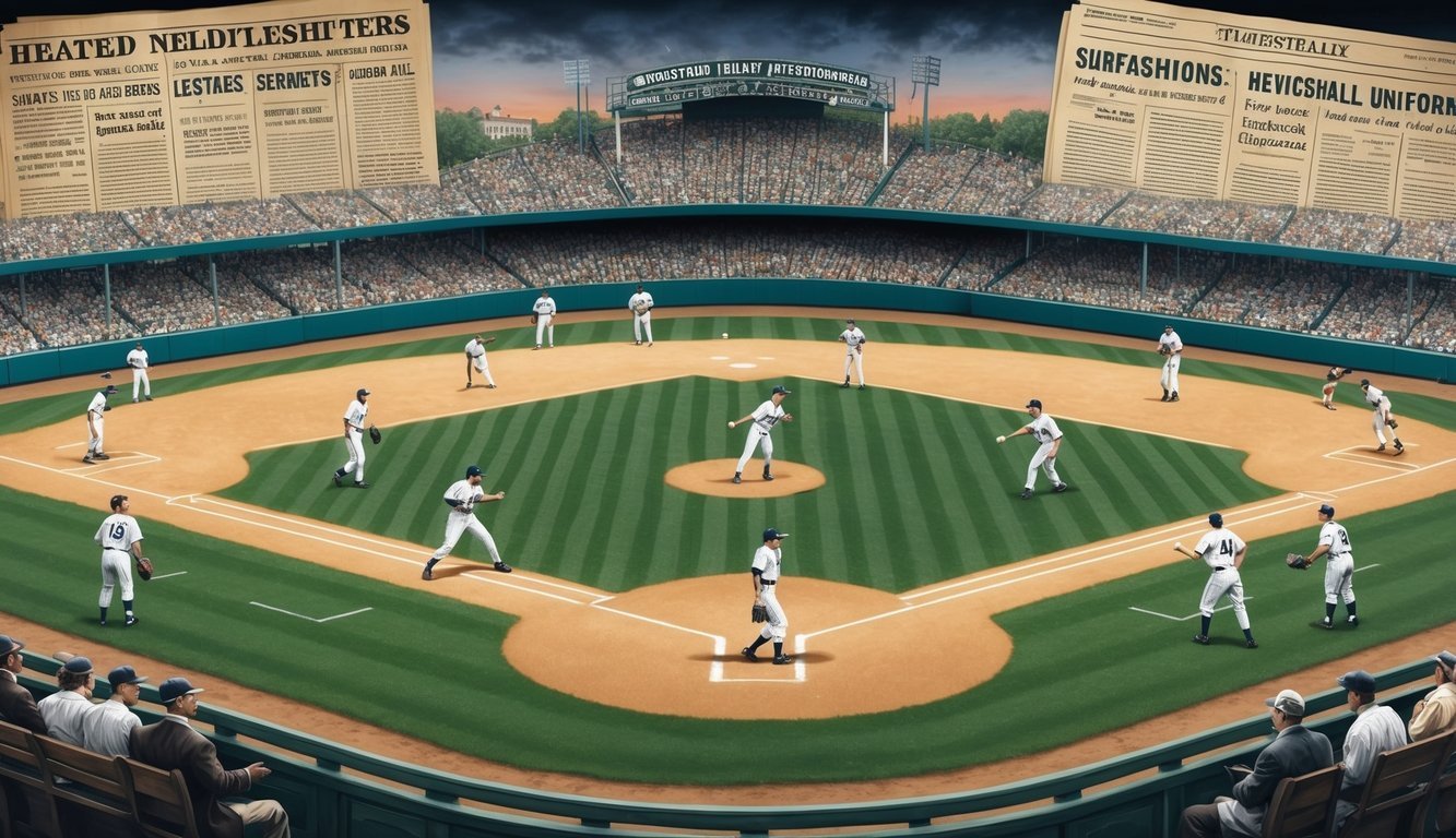 A baseball field with players in old-fashioned uniforms, surrounded by heated discussions and newspaper headlines