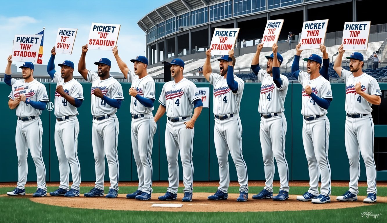 Baseball players holding signs that read "Picket the Stadium" in a stadium