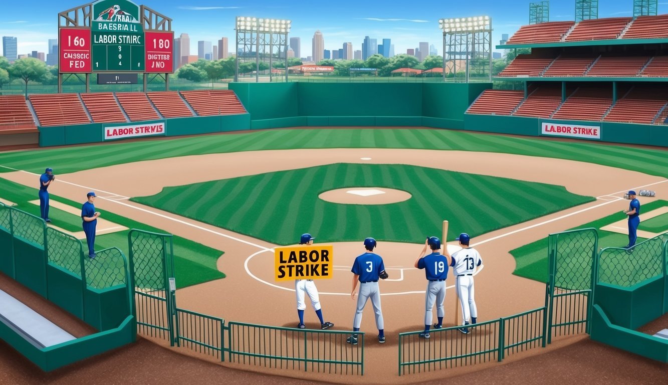 A baseball field with empty stands, a scoreboard showing "Labor Strike," and players standing outside the gates with picket signs