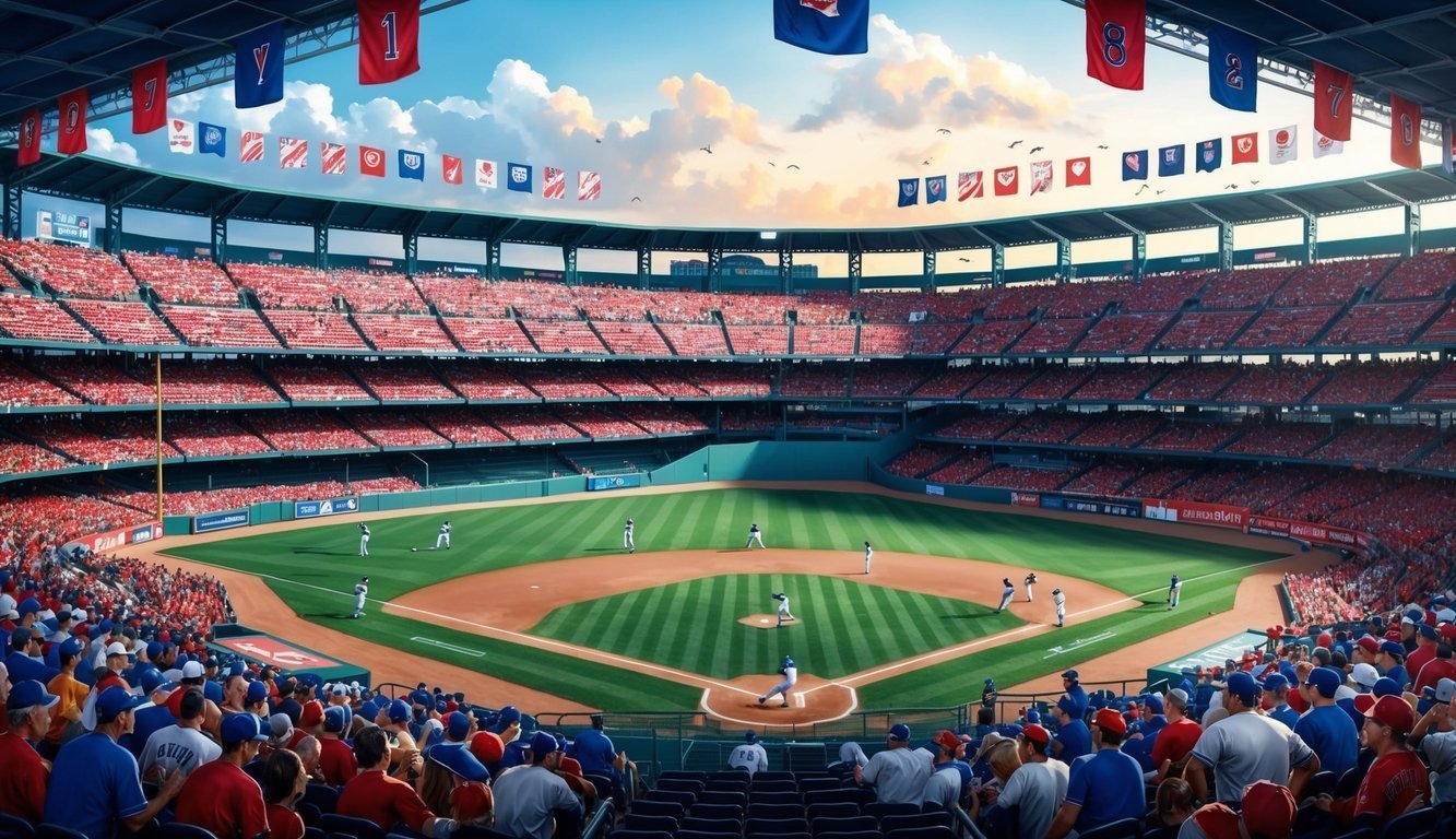 Baseball game in a packed stadium with players on the field