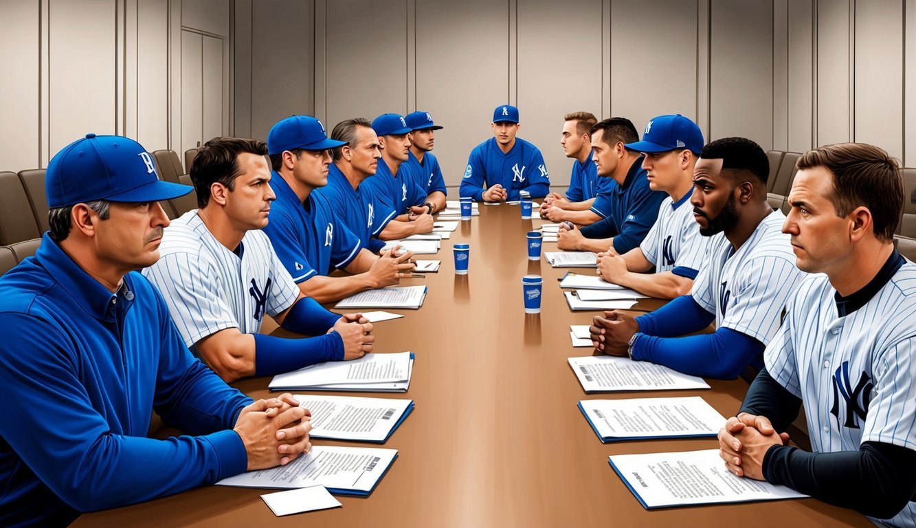 A group of baseball players and team owners sit across from each other at a long table, engaged in intense negotiations.</p><p>The tension is palpable as both sides discuss labor strikes and lockouts