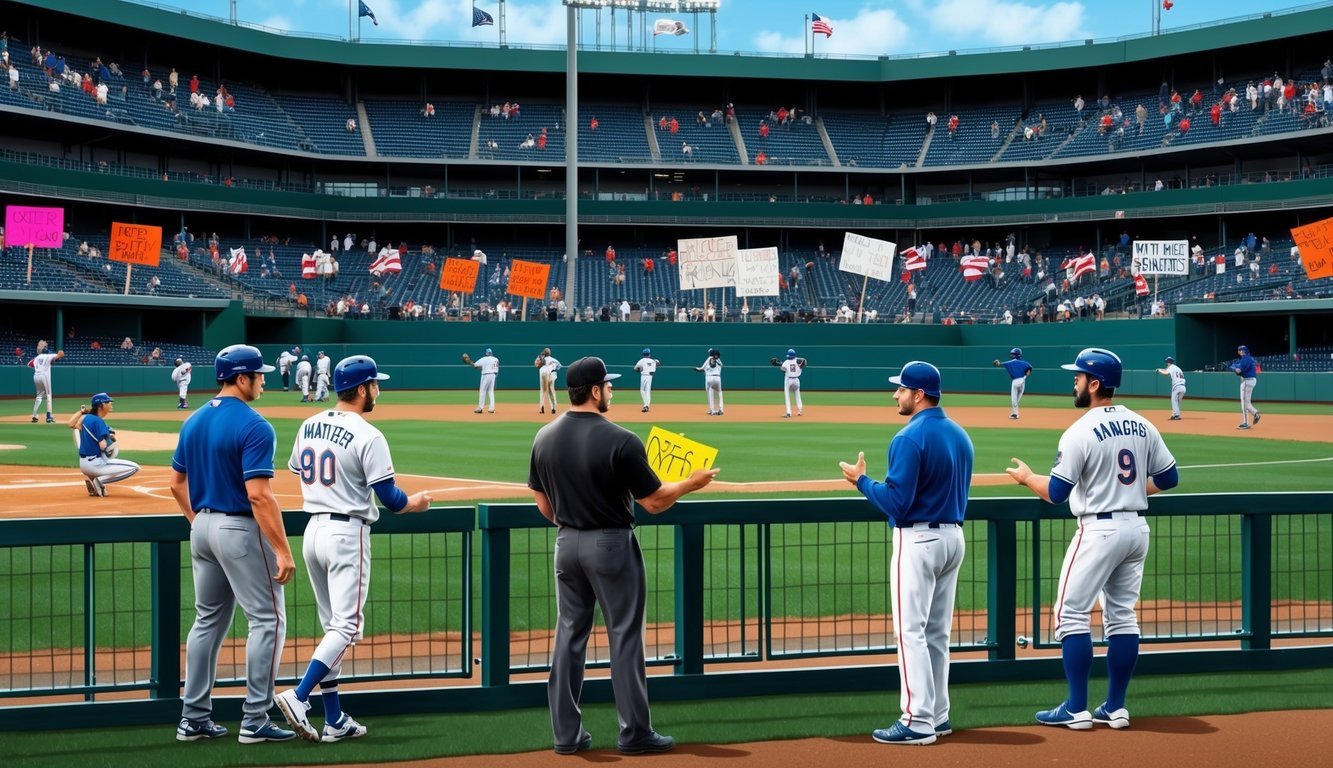 Empty baseball stadium, players on picket line, managers in heated negotiations with crossed arms, fans holding protest signs in the stands