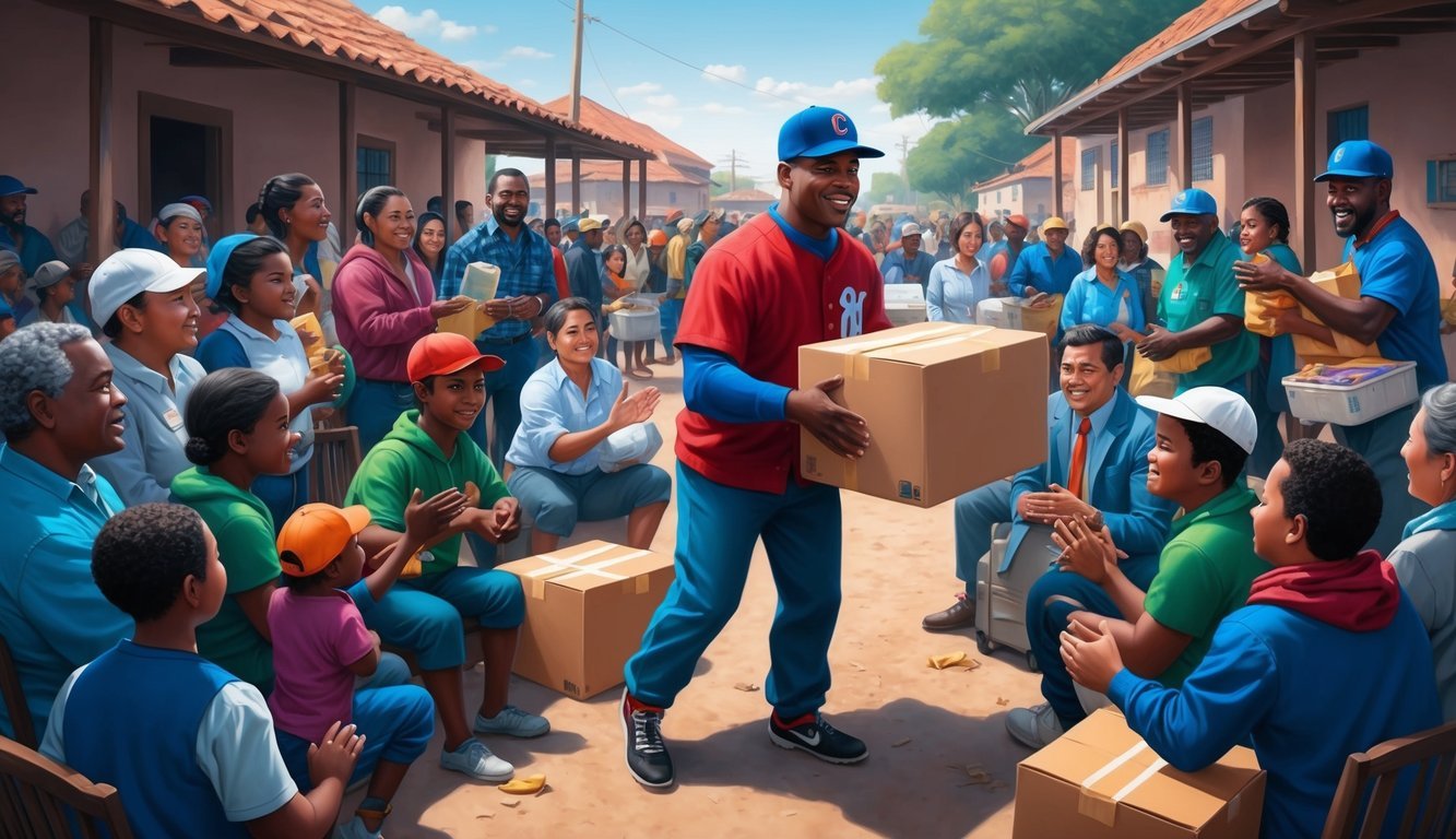 Roberto Clemente delivering aid to a community in need, surrounded by grateful recipients and bustling activity