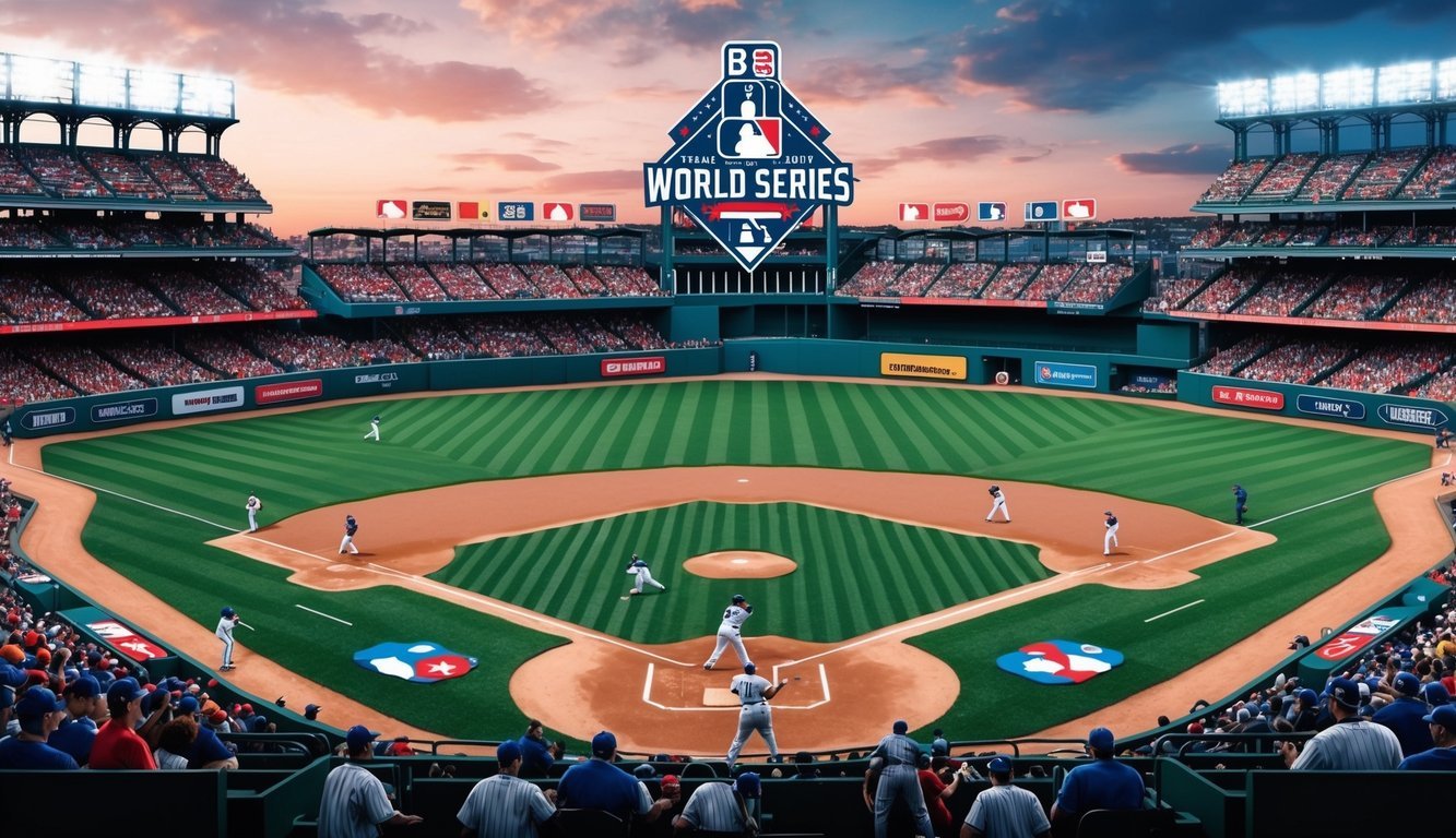 A baseball field with a packed stadium, players in action, and the World Series trophy in the background