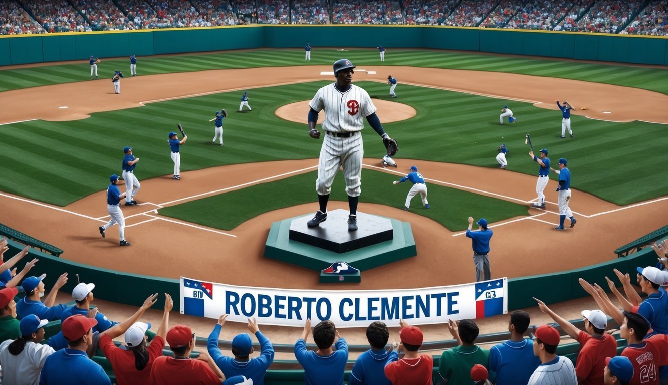 A baseball field with a statue of Roberto Clemente surrounded by adoring fans and a banner honoring his legacy