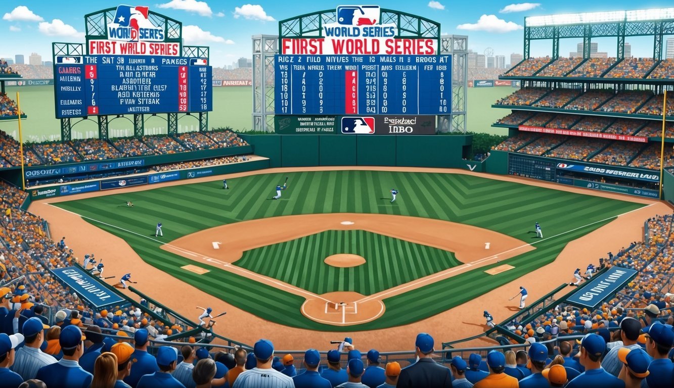 A baseball field with two teams playing, surrounded by a crowd of spectators, with a scoreboard displaying statistical insights and records of the first World Series