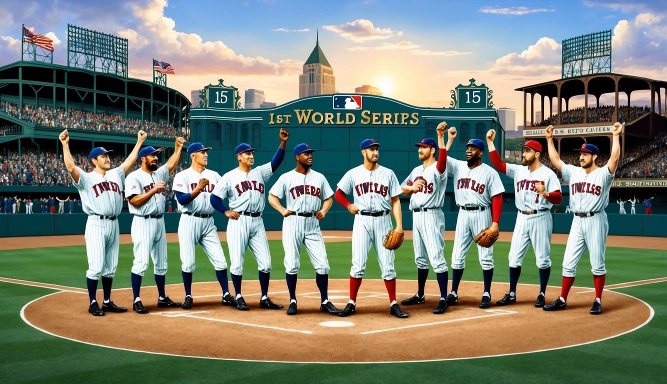 Baseball players from the first World Series stand on the field, surrounded by cheering fans and historic ballparks