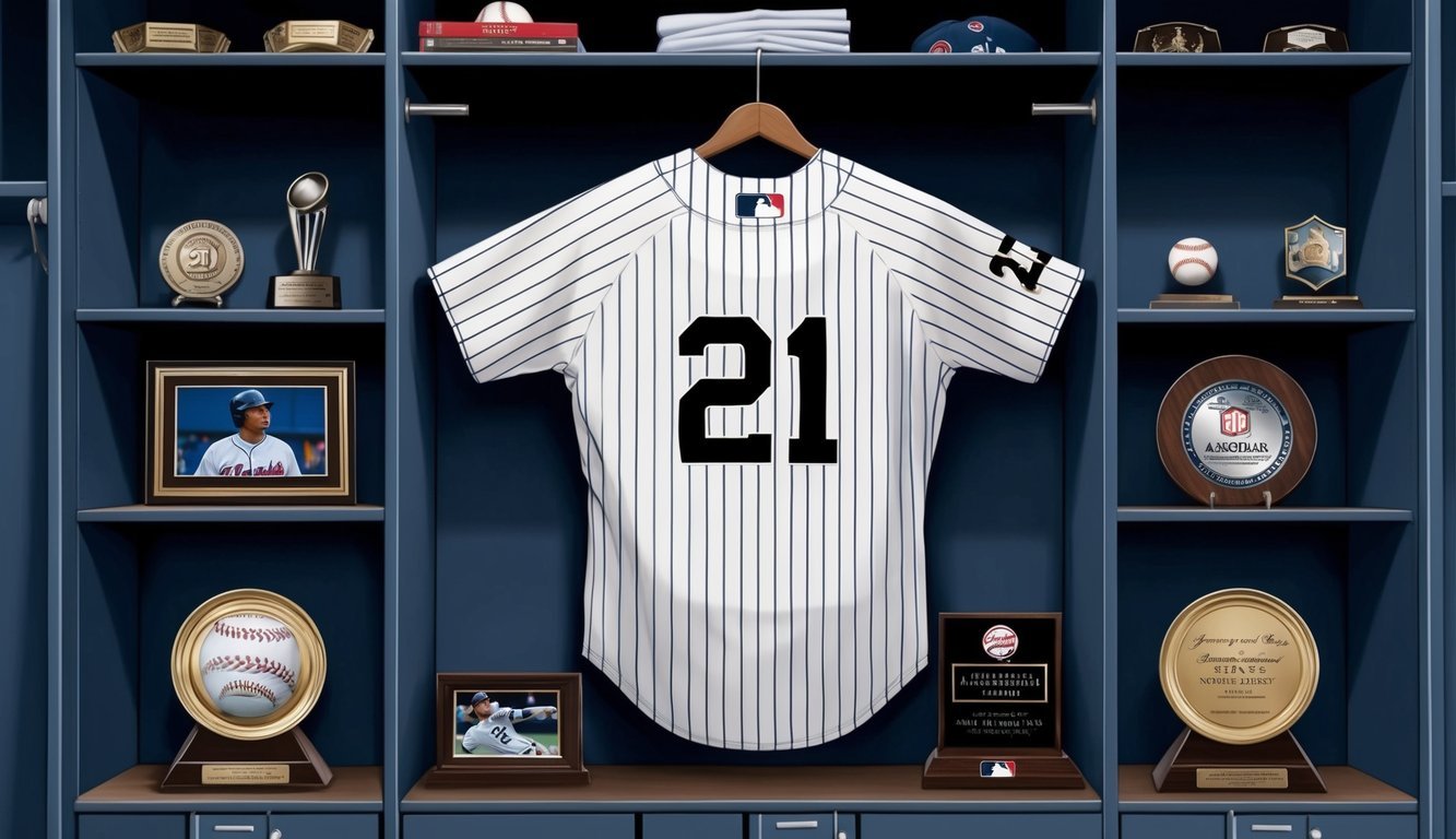 A baseball player's iconic number 21 jersey hangs in a locker, surrounded by awards and memorabilia, a somber reminder of his untimely death