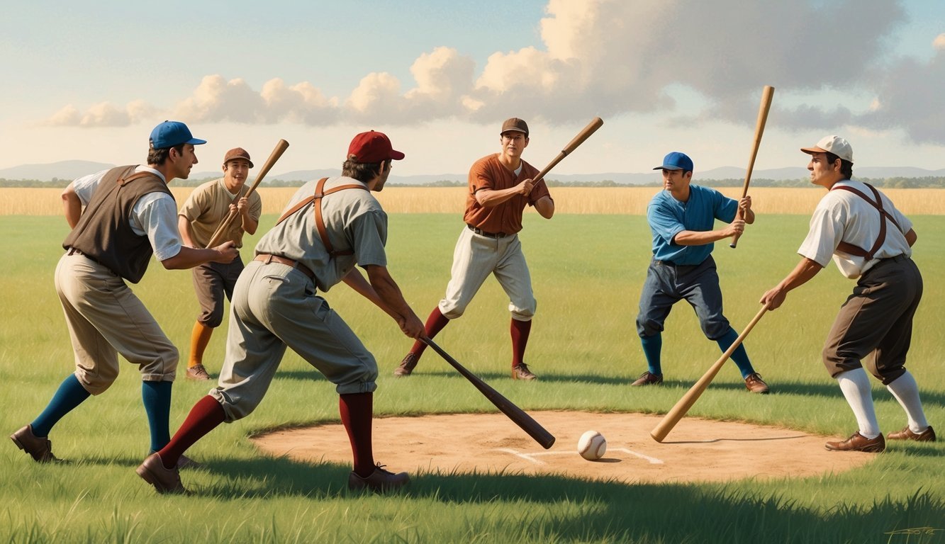 A group of people playing a primitive form of baseball in an open field, using a stick and a ball