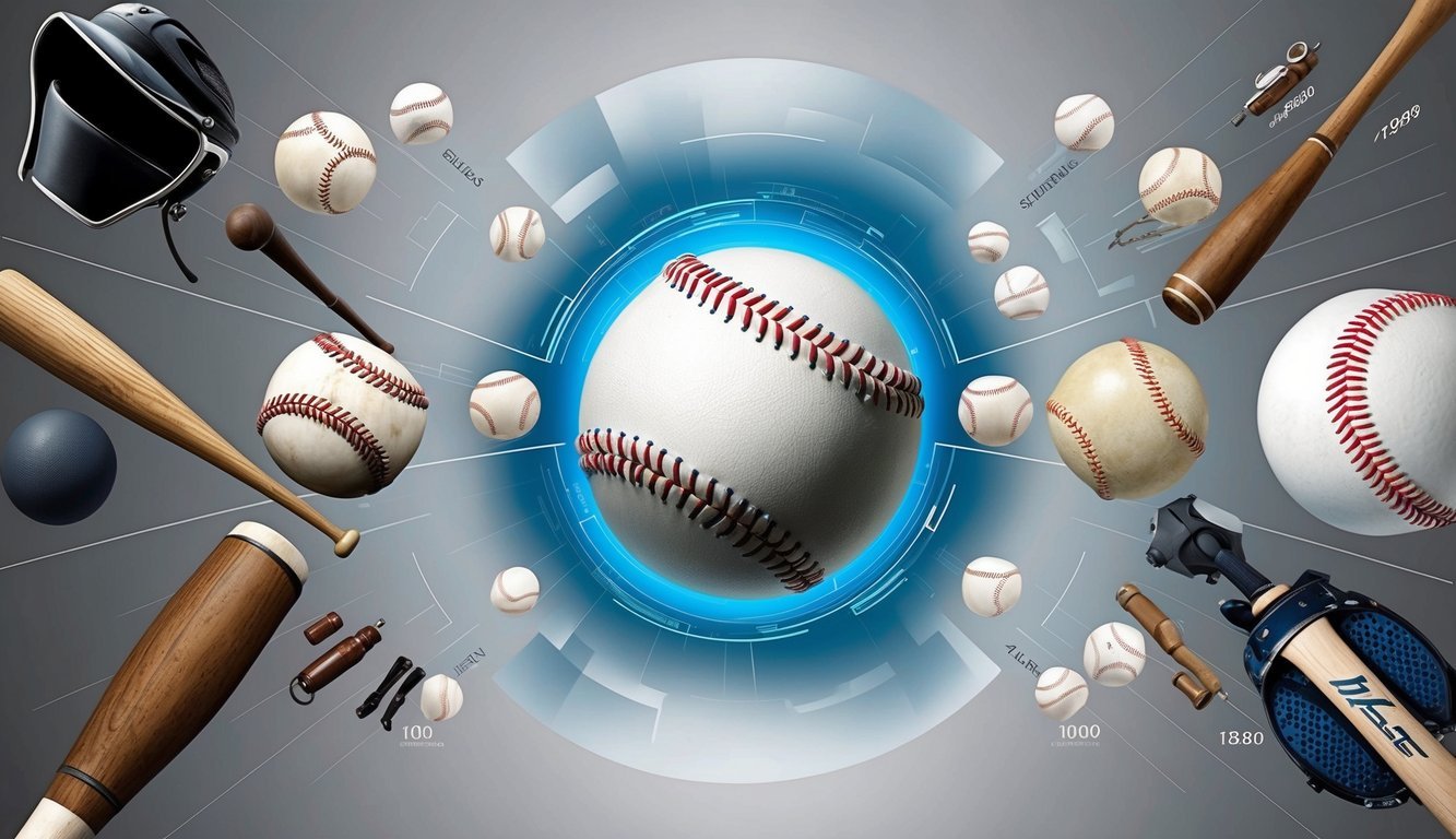 A baseball morphing into a futuristic, high-tech version, surrounded by a timeline of historical baseball equipment