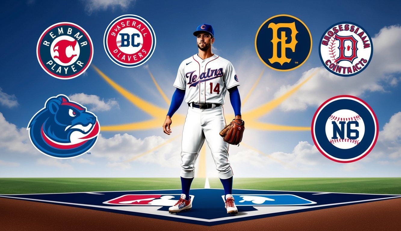 Baseball player in uniform with logos of different teams