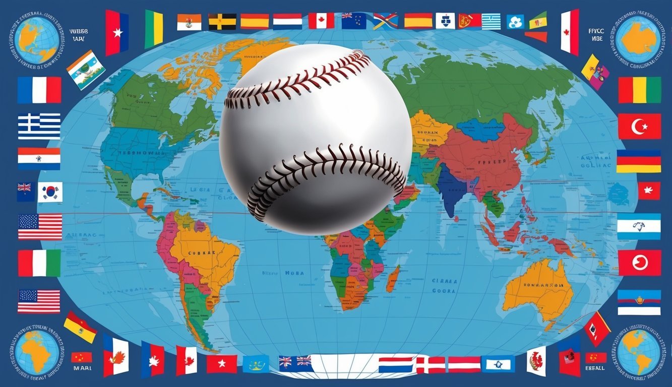 A baseball flying over a world map with various countries highlighted, surrounded by international flags and symbols of global trade and communication