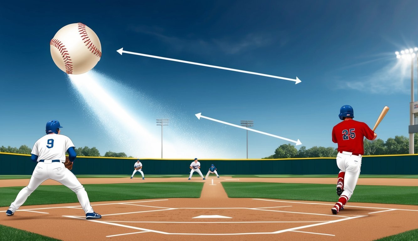 A baseball flying through the air towards a batter, with arrows and lines indicating different pitching techniques and strategies