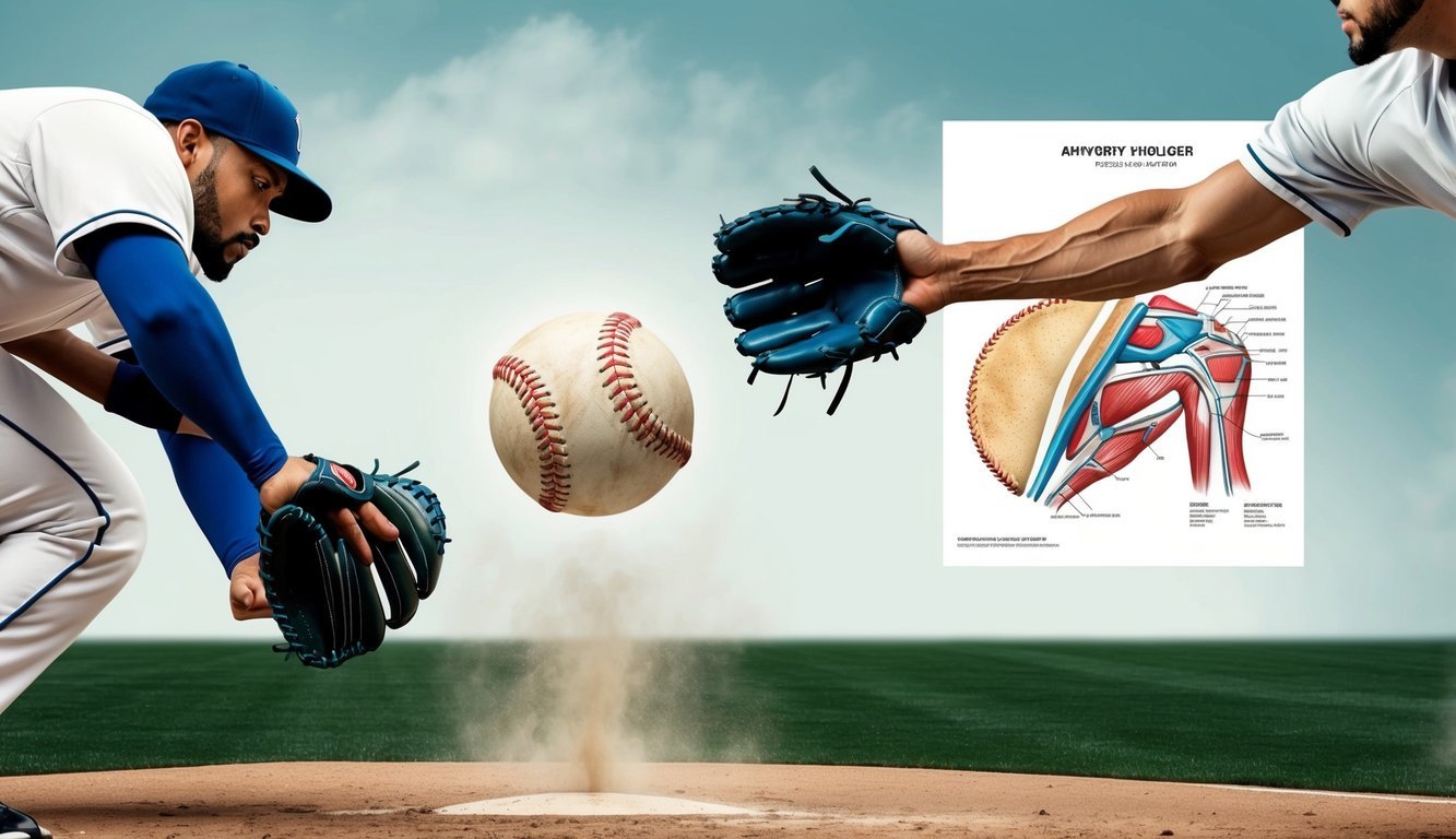 A baseball soaring through the air towards a catcher's mitt, with a pitching arm in motion and a detailed anatomical diagram of the shoulder in the background