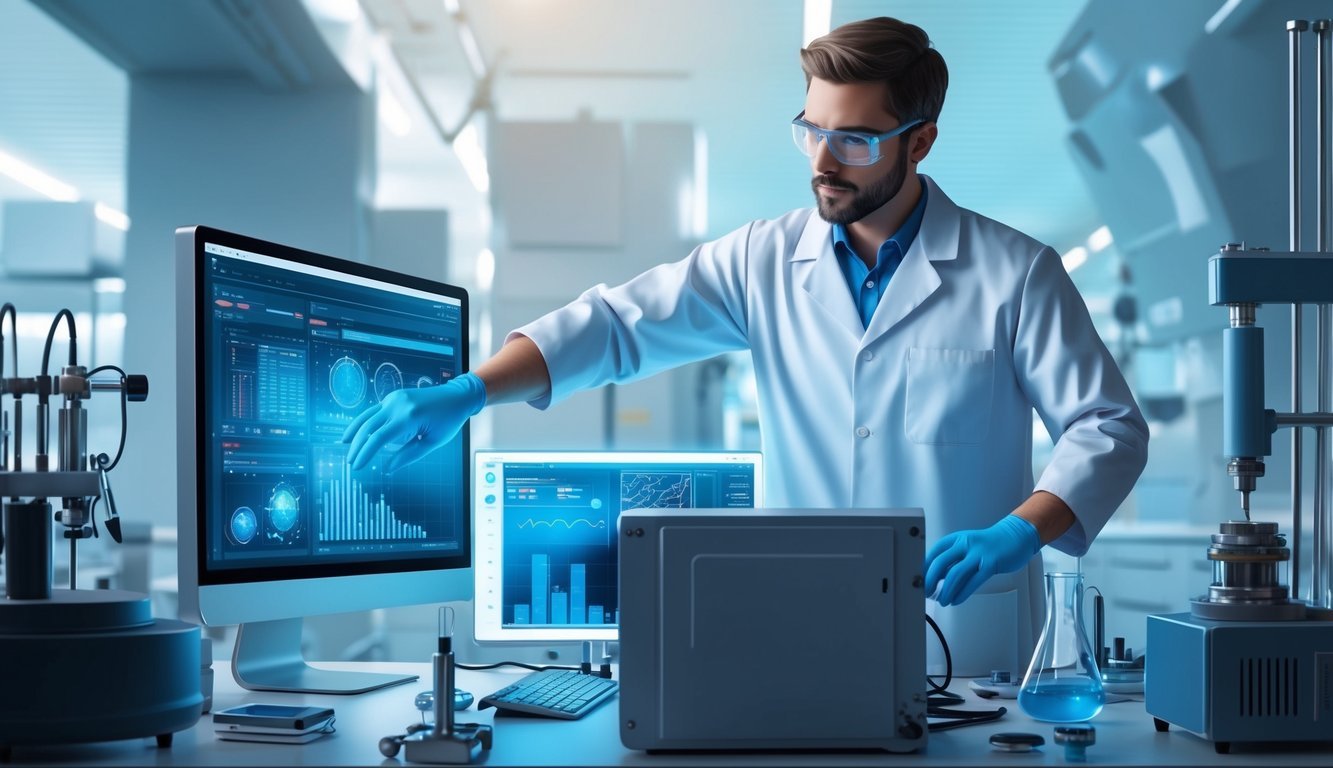 A scientist in a lab coat adjusts equipment while analyzing data on a computer screen, surrounded by high-tech instruments and machinery