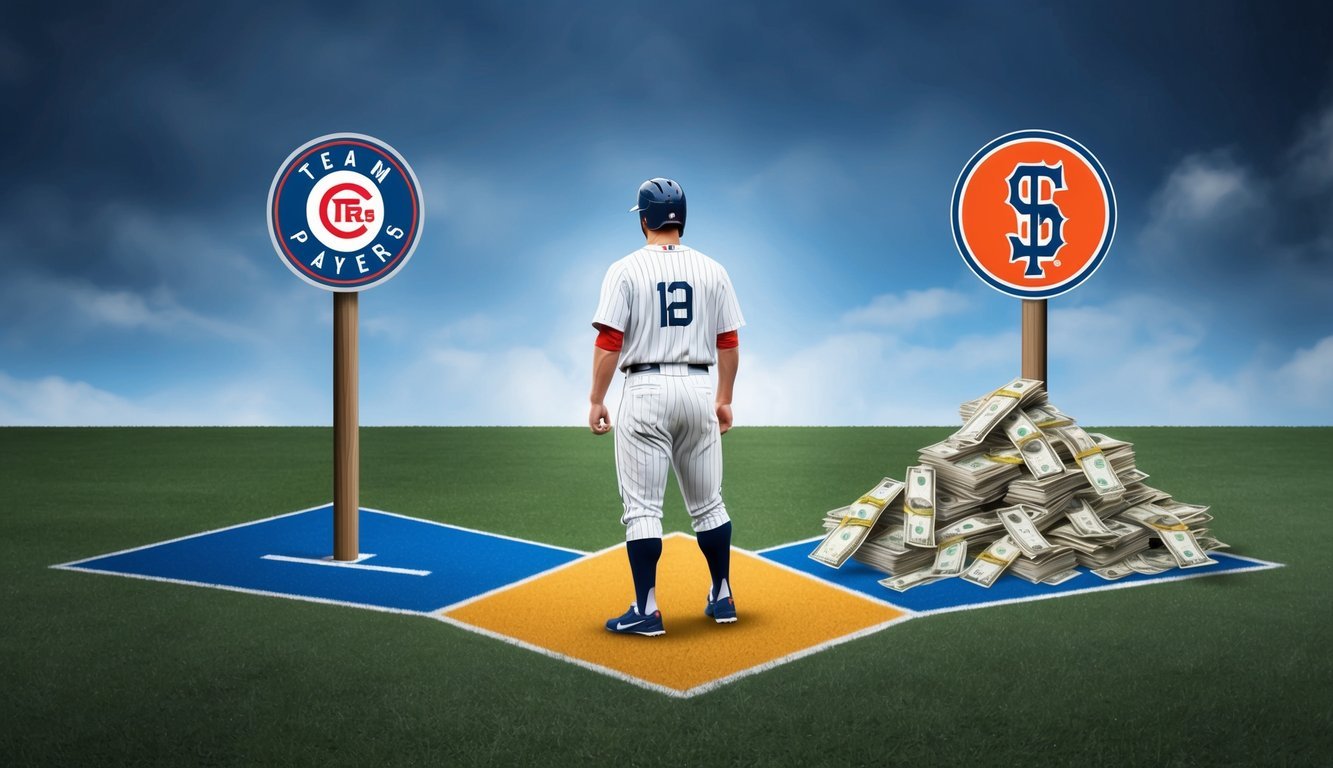 A baseball player standing at a crossroads, with one path leading to a team logo and the other path leading to a pile of money