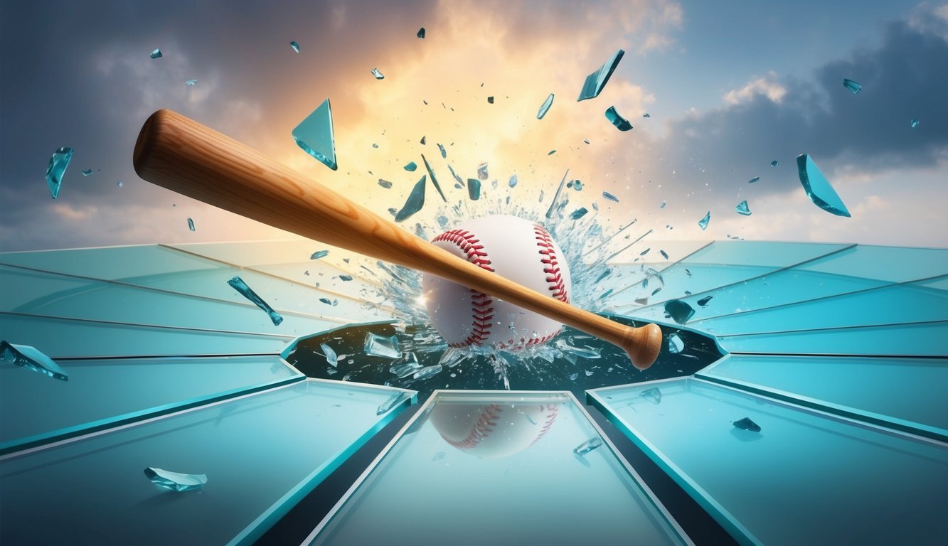 A baseball bat breaking through a glass ceiling, surrounded by falling shards and the glow of success