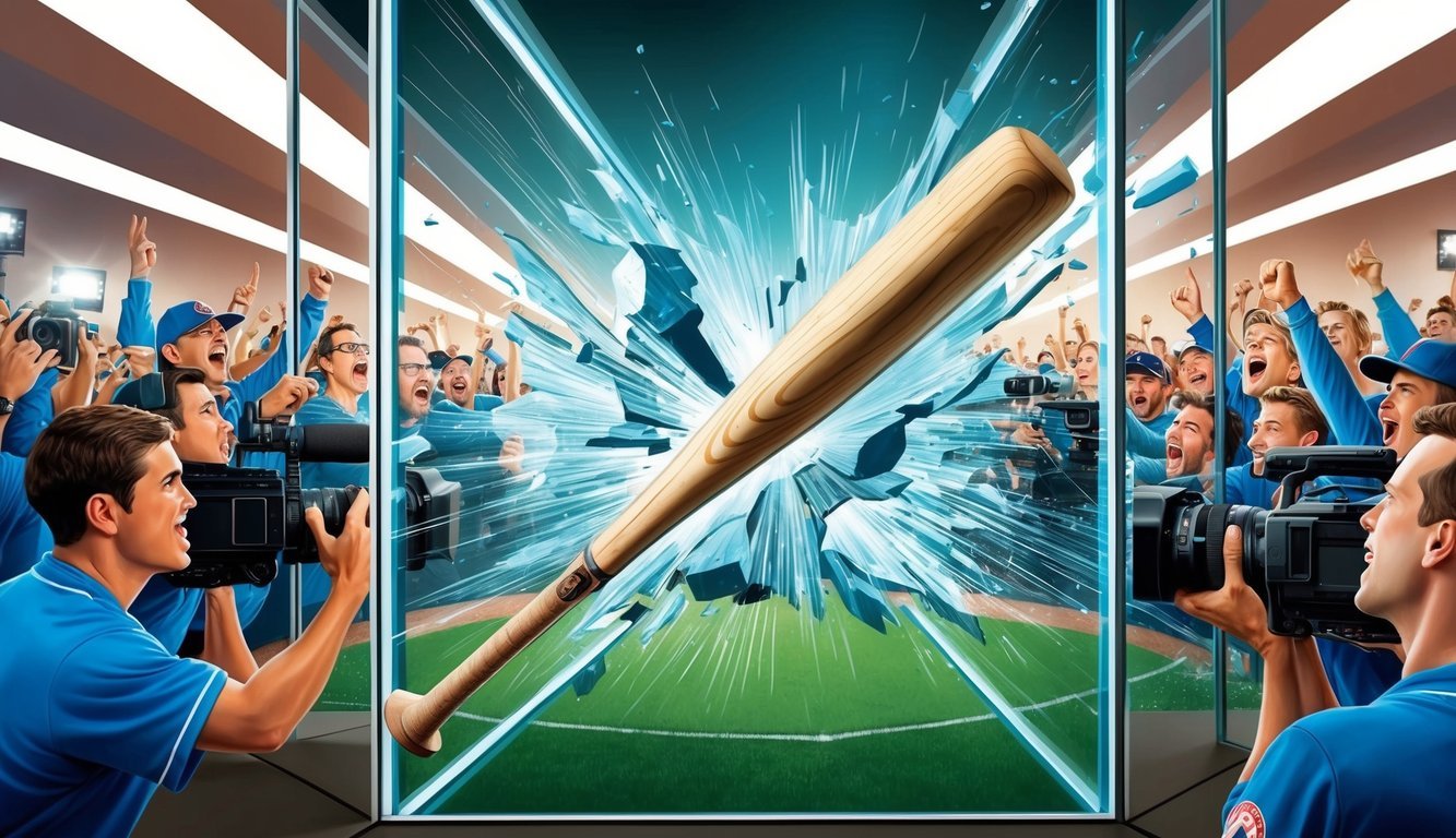 A baseball bat breaking through a wall of glass, surrounded by cheering fans and flashing cameras